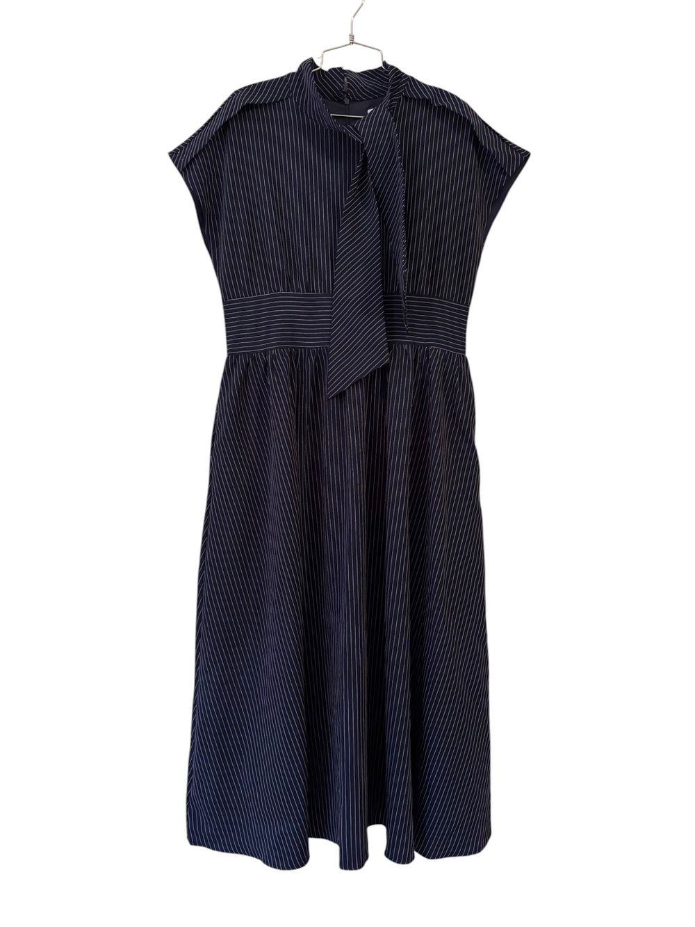 Retro Style Plus Size Navy Pinstripe Tie-Neck Midi Dress Size 2XL Tara Store